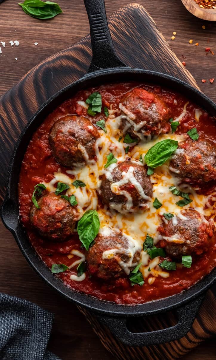 cheesy meatball bake in pan.