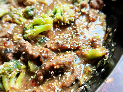 beef and broccoli with sesame seeds.