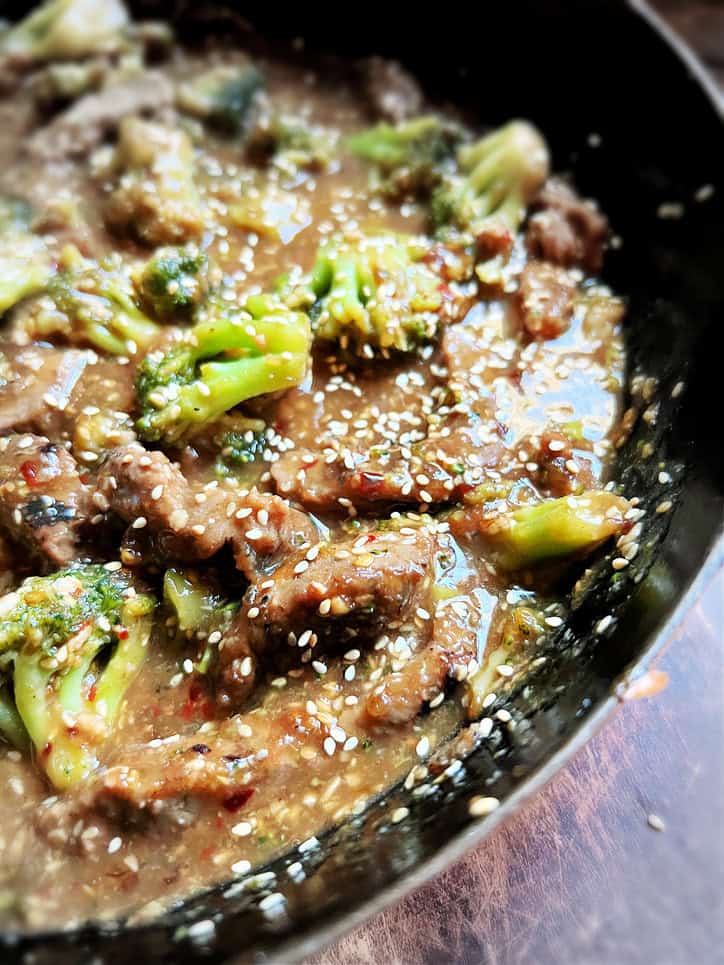 beef and broccoli with sesame seeds.