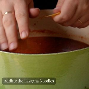 lasagna noodles being added to soup pot 