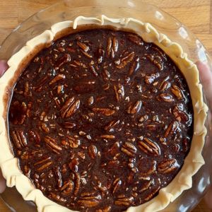 old fashioned chocolate pecan pie ready to go in the oven