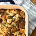 Close up of Traditional Stuffing recipe in a casserole dish