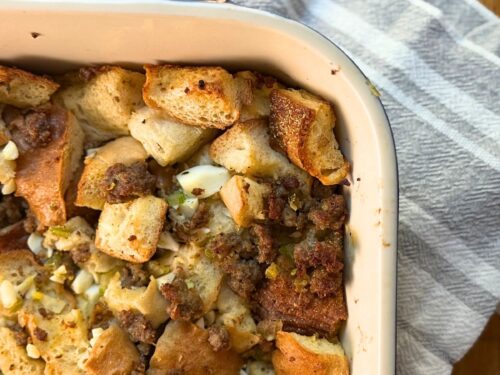 Close up of Traditional Stuffing recipe in a casserole dish