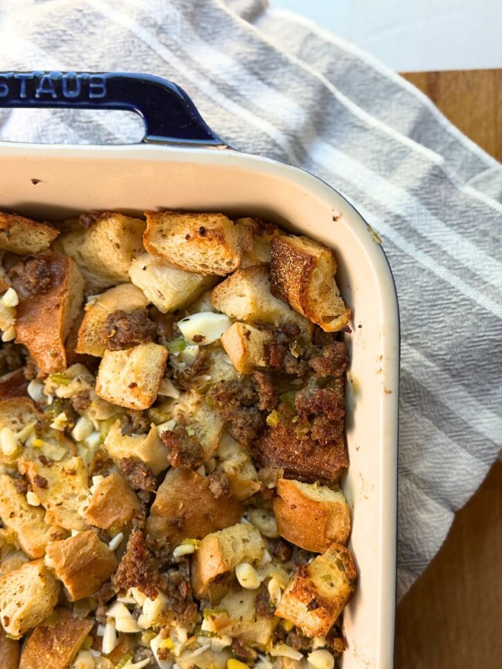 Close up of Traditional Stuffing recipe in a casserole dish