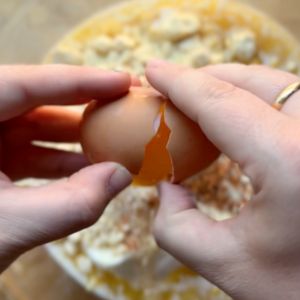 cracking an egg into a bowl