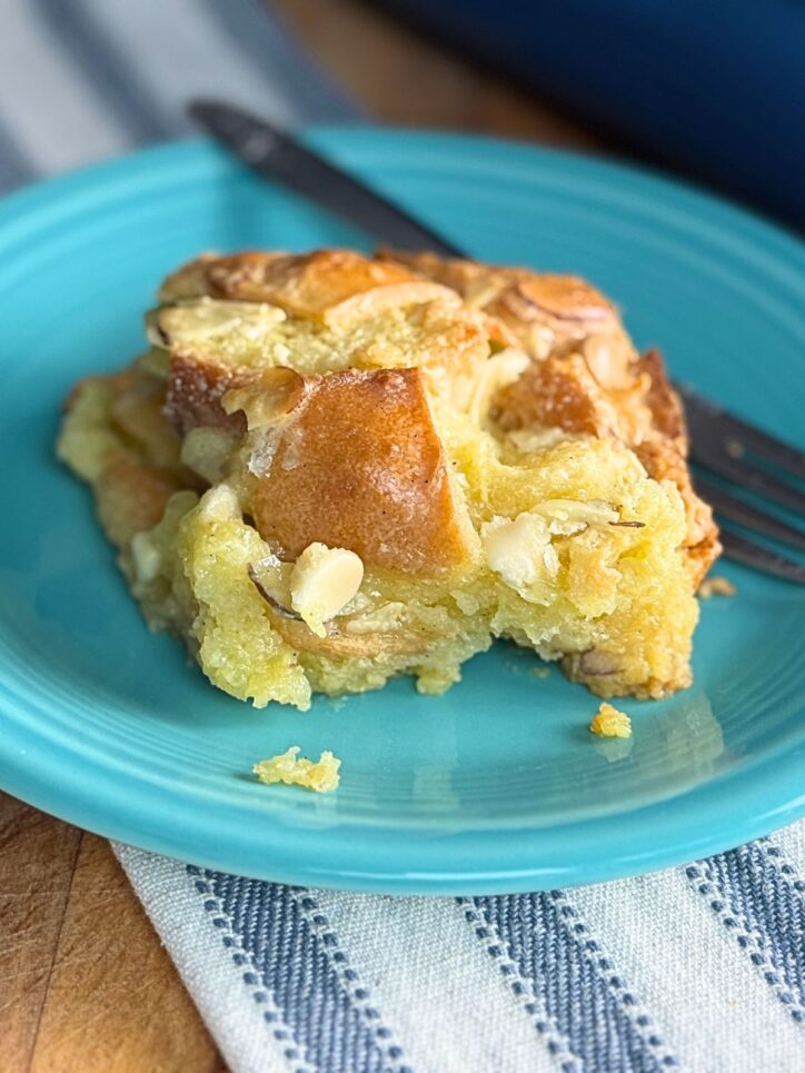 bread pudding on a blue plate