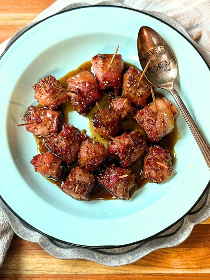 Maple Bacon Andouille Sausage Bites on a platter