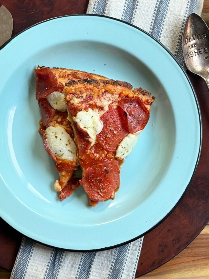 Frozen pizza, freshly baked on a plate