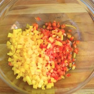 chopped bell peppers in a glass bowl